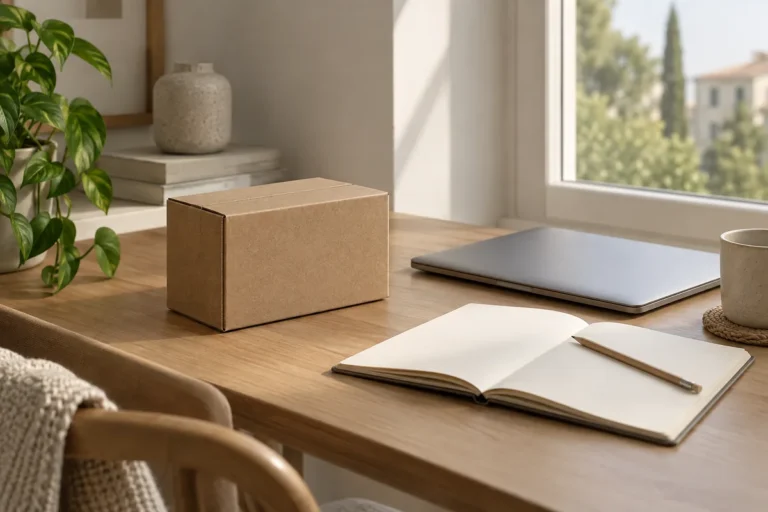 Pacco senza etichette, computer e quaderno per organizzare un acquisto online