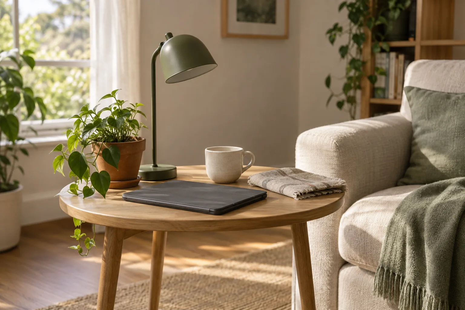 Lampada, tazza, tablet e tessuti su un tavolo in un soggiorno luminoso