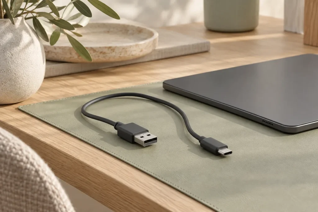 Connettori USB-A e USB-C accanto a un tablet su una scrivania