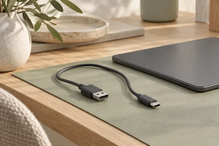 Connettori USB-A e USB-C accanto a un tablet su una scrivania
