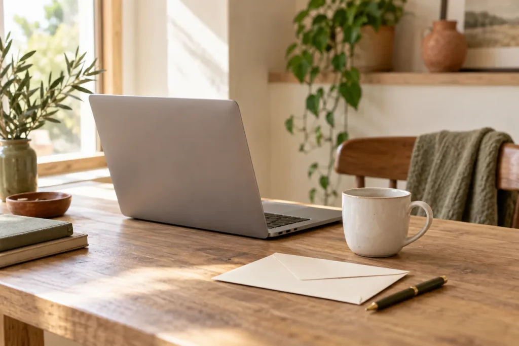 Computer, busta e penna su una scrivania domestica