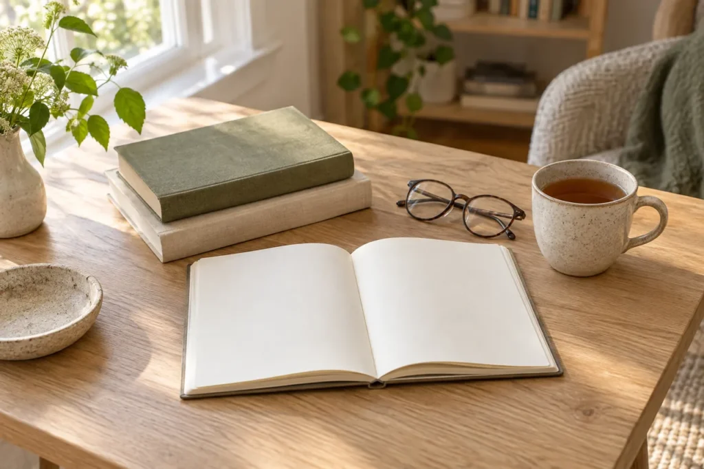 Libri, quaderno, occhiali e tazza su un tavolo da lettura