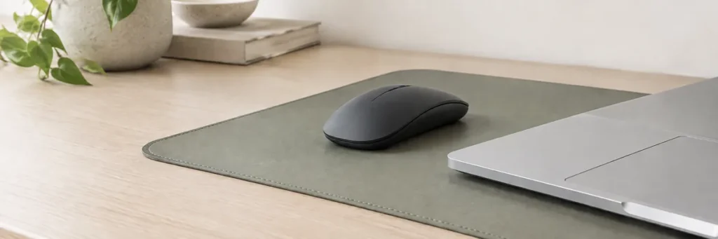Mouse e angolo di un computer su un tappetino verde salvia