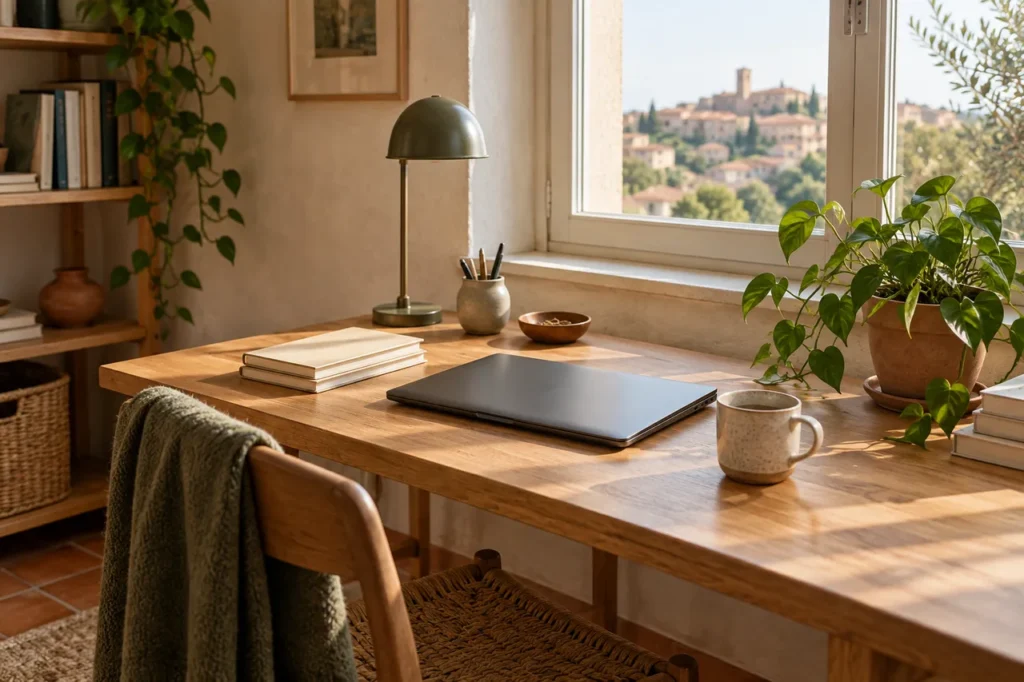 Scrivania con computer chiuso, quaderni e lampada accanto alla finestra