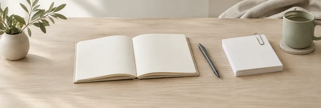 Quaderno aperto, penna e fogli raccolti con una graffetta